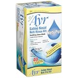 Ayr Saline Nasal Neti Rinse Kit Soothing Sinus Wash, 40-Count Saline Nasal Rinse Mixture Packets Plus Neti Pot (Pack of 2)