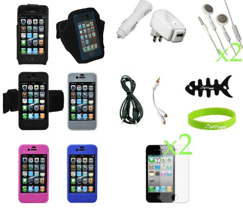 CrazyOnDigital Accessories - Case Charger and Cable Screen Protector Kit - 17 Item Combo Pack for Apple iPhone 4G