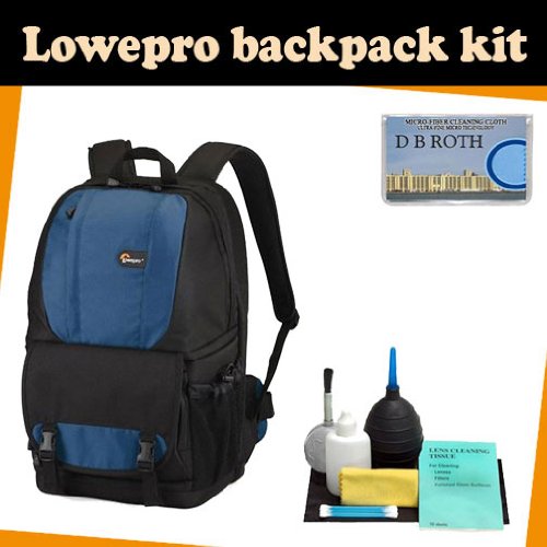 LowePro Backpack kit which includes the Lowepro Fastpack 250 (Blue) + Camera lens Cleaning kit + DB ROTH Micro Fiber Cloth.