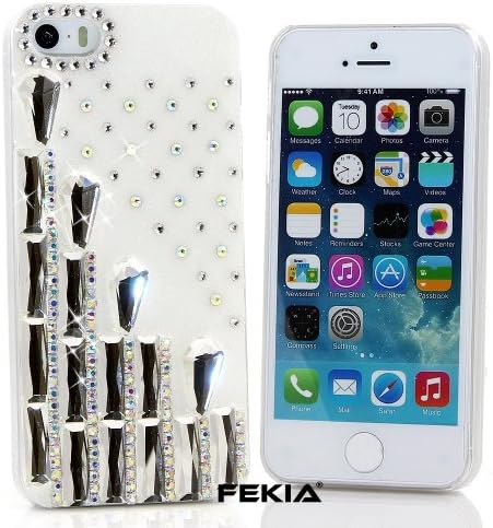 FEKIA® 3D Luxury Bling iphone 5 5s Case Cover Faceplate Swarovski AB Crystals Diamond Glitter Sparkle bedazzled jeweled Design Back Snap-on Hard Case (FREE stylus and water resistant retail bag) (100% Handcrafted by FEKIA) (White Background with Rectangle Stones)
