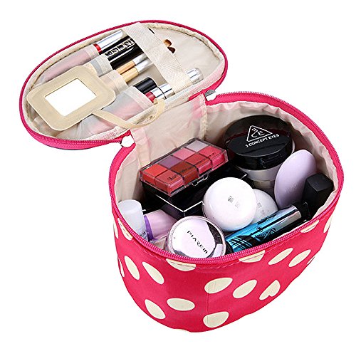 DZT1968® Handle Round Dot Large Cosmetic Bag Travel Makeup Organizer Case Holder With Mirror