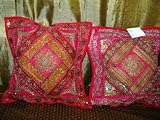 2 Amaranth Beaded Cushion Covers Vintage Sari Pillow Covers 16x16 inches