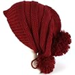 Winter Unisex Adjustable Back Tie 3 Pom Pom Ribbed Knit Slouchy Ski Beanie Wine