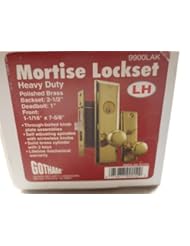 From Amazon.com. Click for details:
 Home Improvement: Gotham 9900LAK Left Hand Heavy Duty Polished Brass Mortise Entry Lockset, Screwless knobs - Guard Security Hardware Home Improvement: Gotham 9900LAK Left Hand Heavy Duty Polished Brass Mortise Entry Lockset, Screwless knobs - Guard Security Hardware