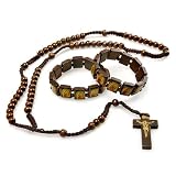 Dark Brown Wooden Bead Rosary 6mm x 6mm - 22 inch Necklace, 6.5 inch Drop Length With Two Virgin Mary Matching 7 inch Bracelets