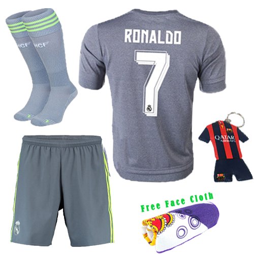 Barcelona Kids Jersey 2015/2016 Football Soccer #7 Gray Real Madrid kids jersey & Short & Socks &Free Key Chain & Free Face cloth Kids 3-14 Years