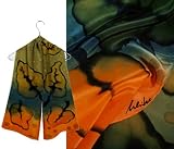 ULRIKE Oblong Flat Crepe Silk Scarf - Golden leaves on an olive field crossed by a liquid a band of deep blues and teals and another of a clear reddish orange.