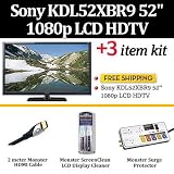 Sony KDL52XBR9 52 1080p LCD HDTV +Monster TV Hook Up Kit   HDMI Cable , Surge Protector , Screen Cleaning Kit
