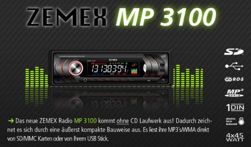 ZEMEX MP3100 RDS Autoradio WMA MP3 USB SD MMC AUX-IN 4x45 W 32GB