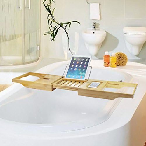 MakeupAcc Bathtub Caddy Tray with Extendable Sides Bamboo Bathroom Dispenser