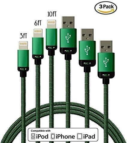 Winky(TM) 3Pack 3FT 6FT 10FT Extra Long Nylon Braided 8Pin to USB Power Cable Cord with Aluminum Heads for iPhone 6/6s/6 Plus/6s Plus/5/5c/5s, iPod Nano 7 iPod Touch 5 (Green)