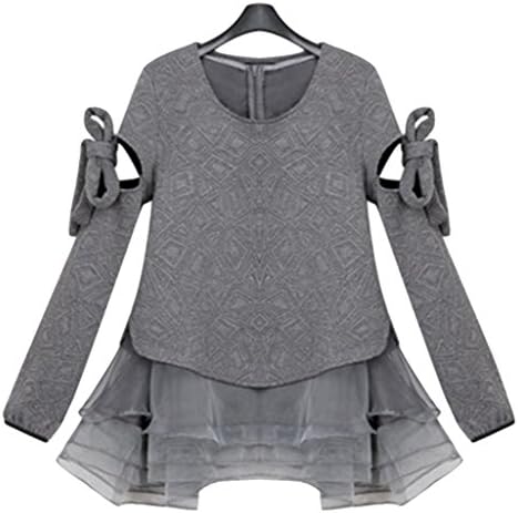 YINMAN Women's Slim Fit Short Hollow Out Lace Up Sleeves Embossed Blouses L Grey