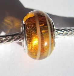 Murano Style Glass Lampwork 925 Bead Fits Pandora Electric Orange with White Stripes, 14mm (1)
