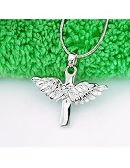 Everbling Cross with Angel Wings Pendant Rhodium Plated 925 Sterling Silver with 18" Silver Chain Necklace