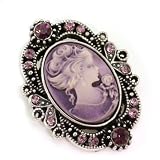 Lavender Violet Purple Cameo Brooch Pin Charm Antique Silver Tone Purple Stones Oval Ladies Women Fashion Jewelry Necklace Pendant Compatible