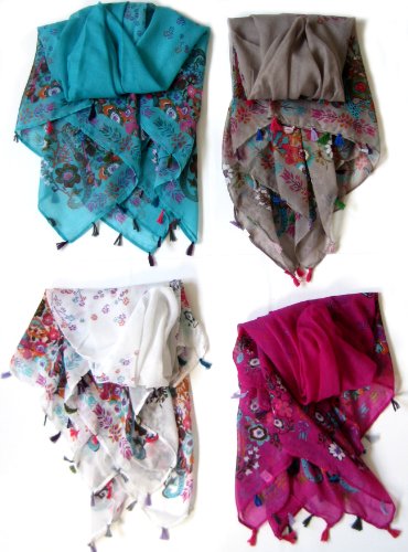 Schal Tuch mit Blumen Muster und bunten Fransen-grau