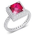Standout Princess Cut Checker Board Created Ruby & White CZ Size 7 Gemstone Ring in Sterling Silver