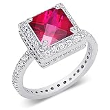 Standout Princess Cut Checker Board Created Ruby & White CZ Size 7 Gemstone Ring in Sterling Silver