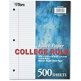 TOPS Notebook Filler Paper, College Ruled, 11 x 8.5 Inches, 3-Hole Punched, Medium Weight, White, 500 Sheets/Pack (62349)