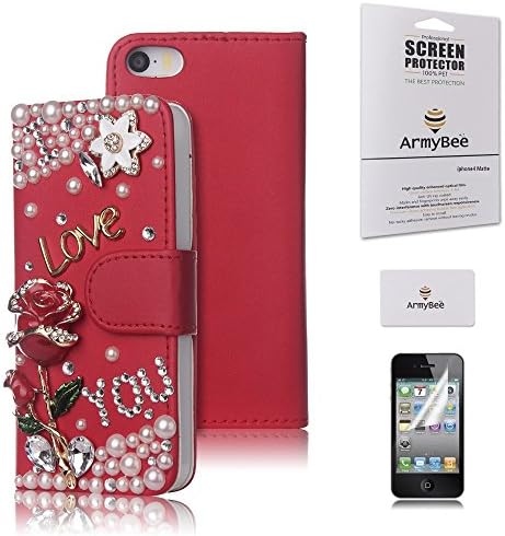 Apple iPhone 5 5S Bling Case ArmyBee inc(TM) Crystal 3D Love Rose Diamond Flower Premium Leather Flip Wallet Case With Credit Card Holder / Accessory Slots Design for Girls (Fits:Apple iPhone 5 And 5S, Package includes: 1 X Screen Protector)(Red)