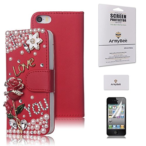 Apple iPhone 5 5S Bling Case ArmyBee inc(TM) Crystal 3D Love Rose Diamond Flower Premium Leather Flip Wallet Case With Credit Card Holder / Accessory Slots Design for Girls (Fits:Apple iPhone 5 And 5S, Package includes: 1 X Screen Protector)(Red)
