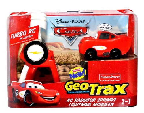 51LaK9FlL9L Fisher Price Year 2009 GeoTrax Transportation Disney Pixar Cars Series RC Radiator Springs Lightning McQueen with Cool Phrase from the Movie, Easy to Use Remote Control and Turbo RC that Makes McQueen Go Twice as Fast as Other Geo Trax Vehicle