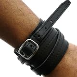 Soft Black Leather Wide Cuff Wrap Around Wristband Bracelet With Buckle Fastening