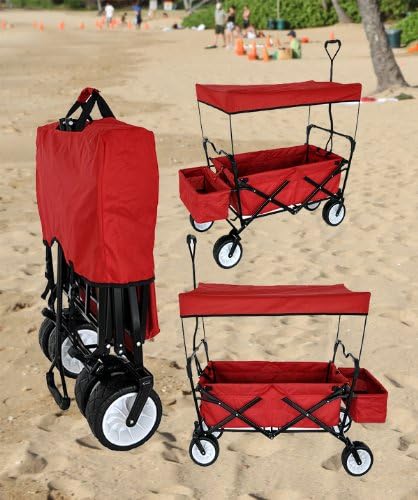 RED OUTDOOR SPORT FOLDING WAGON W/ CANOPY GARDEN UTILITY TRAVEL CART LARGE ALL TERRAIN BEACH TIRES