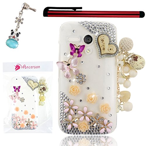 Ancerson Golden White Rose Red Orange Pink Rose Daisy Blossom I Love You Wooden Love Heart Eiffel Tower Lace Pearls Tassel Butterfly 3D Handmade Luxury Shining Glitter Crystal Diamond Rhinestones Hard Back Case Cover for Motorola Moto G X1032 Free with a Red Stylus Touchscreen Pen and a 3.5mm Universal Lovely Silvery Flower Blue Panda Pendant Bling Crystal Diamond Rhinestones Dust Plug (Transparent Clear Case)