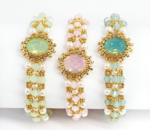 Luxury High Fashion 24k Gold filled Beadwork Braided Bridal Elegant Bracelets with Pastel Opal Swarovski crystals and White crystal Pearls Gift for Women Handmade Jewelry Gold Unique bracelets