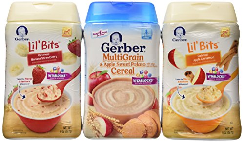 Gerber Baby Cereal 3 Flavor Variety Bundle: (1) Gerber Lil  Bits Oatmeal Banana Strawberry Cereal, (1) Gerber Lil  Bits Oatmeal Apple Cinnamon Cereal, and (1) Gerber MultiGrain & Apple Sweet Potato Cereal, 8 Oz. Ea. (3 Cereal Boxes)