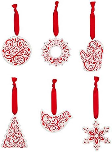 The Holiday Aisle - Christmas Season Porcelain Hanging Ornaments and Tree Decors with Bold Red Details, Set of 6