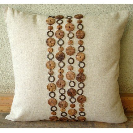 Wood Space - 18x18 Inches Throw Pillow Covers - Linen Pilllow Cover with Wooden Beads