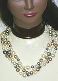 Three Strand Ivory and Amber Simulated Pearl Short Chain Necklace