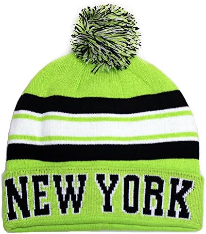 New York Thick Warm Cuffed Beanie Winter Hat Cap with Pom and Stripes One Size Adult NEON LIME/BLACK