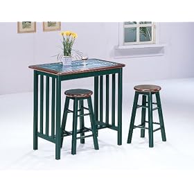 World Imports Oak Green Tile Top Bar and 2 Stools-9799 by World Imports