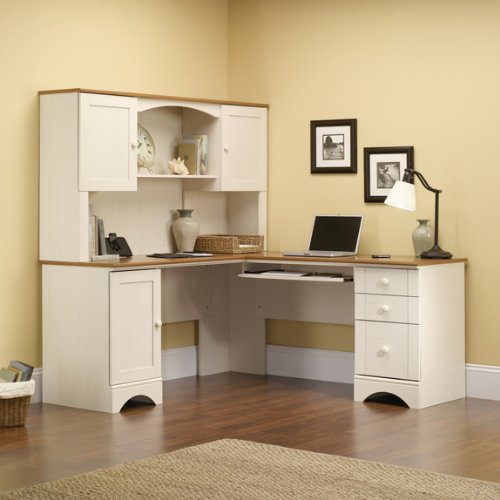 Sauder Harbor View Corner Computer Desk with Hutch Antiqued White