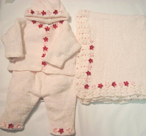 Hand Machine Knitted Finished with Hand Crochet Pink Chenille Infant Girls Cardigan Sweater Pant Hat Set with Satin Red and Pink Pearl Rosebuds and Matching Forty Five Inches Long Thirty Two Wide Blanket.