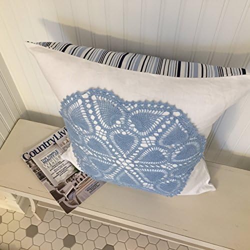 Scandinavian Striped Fabric Designer Pillow, Blue &amp; White, Vintage Handmade Doily, Down/Feather Insert, Nautical, Shabby Chic, Cottage