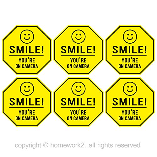 Homework2, Smile You’re On Camera Stickers, Yellow Octagon-Shaped, 3.3 X 3.3 Inch Vinyl Decals – Indoor & Outdoor Use, UV Protected & Waterproof – 6 Labels