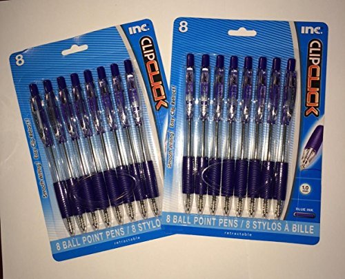 Blue Ink Ballpoint Pens by Clip Click - 2 Pack Set - 1.0 mm
