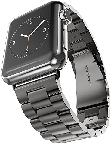 Apple Watch Band, Premium 42mm Stainless Steel Watch Strap, iWatch Metal Link Bracelet Watch Strap, Wrist Band Replacement Straight End Solid Links with Fold-over Clasp Closure for Apple Watch 42mm (Black)