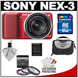 Sony Alpha NEX-3 Digital Camera Body & E 18-55mm OSS Compact Interchangeable Lens (Red) with 16GB Card + Battery + Case + Accessory Kit
