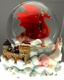Ruby Red Dragon with Mystic White Unicorn and Castle in the Clouds Snow Globe - Sculptured Resin Water Ball Musical 5 3/4 High