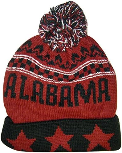 Alabama Crimson with Black Writing Thick Warm Cuffed 2-Sided 2-Color Beanie Winter Hat Cap with Pom One Size Adult