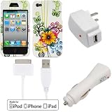 EZOPower White USB Hotsync&Charging Data Cable + White Flower Floral Butterfly Hard Clip-on Cover Case + White USB Car Adapter + White USB Home Travel Adapter for AT&T & Verizon Apple iPhone 4 4G 16GB / 32GB 4th Generation