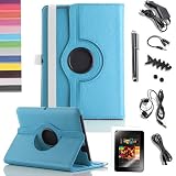 Pandamimi ULAK(TM) Bundle of 9PCS for Kindle Fire HD 7″ Tablet Aqua Blue 360 Rotating Stand PU Leather Case Cover + Screen Protector/Headphone/USB Cable/Car Charger/Stylus/Earphone splitter cable/Fishbone Shape Earphone Cord Winder/Headphone tips