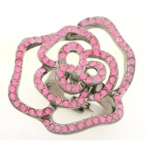 JanKuo Rose Open Crystal Rose Flower Flexible Cocktail Ring Fits