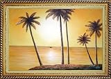 Beachside Palm Trees Under Golden Sunset Oil Painting, with Linen Liner Gold Wood Frame 30.5 x 42.5 inches