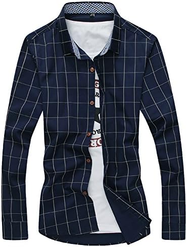 Afoxsos Men's Cotton Long Sleeves Casual Slim Fit Plaid Shirt Size L Light Blue